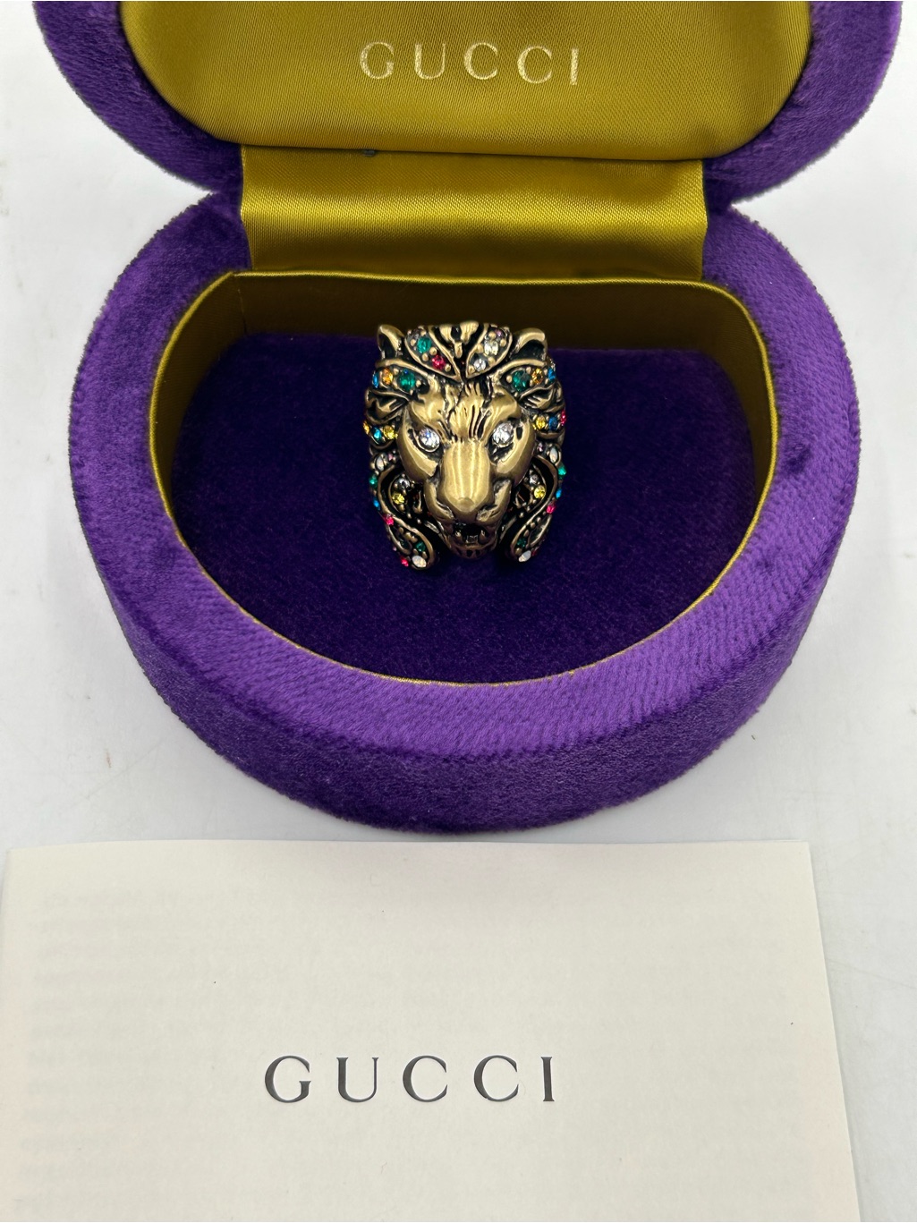Unisex Gucci Iconic Lionhead Multicolor Stone Ring Size 5, Made In Italy